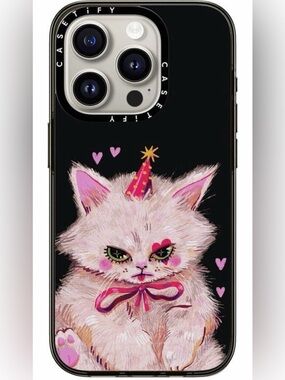 Casetify Black Phone Case with Pink Party Cat Illustration